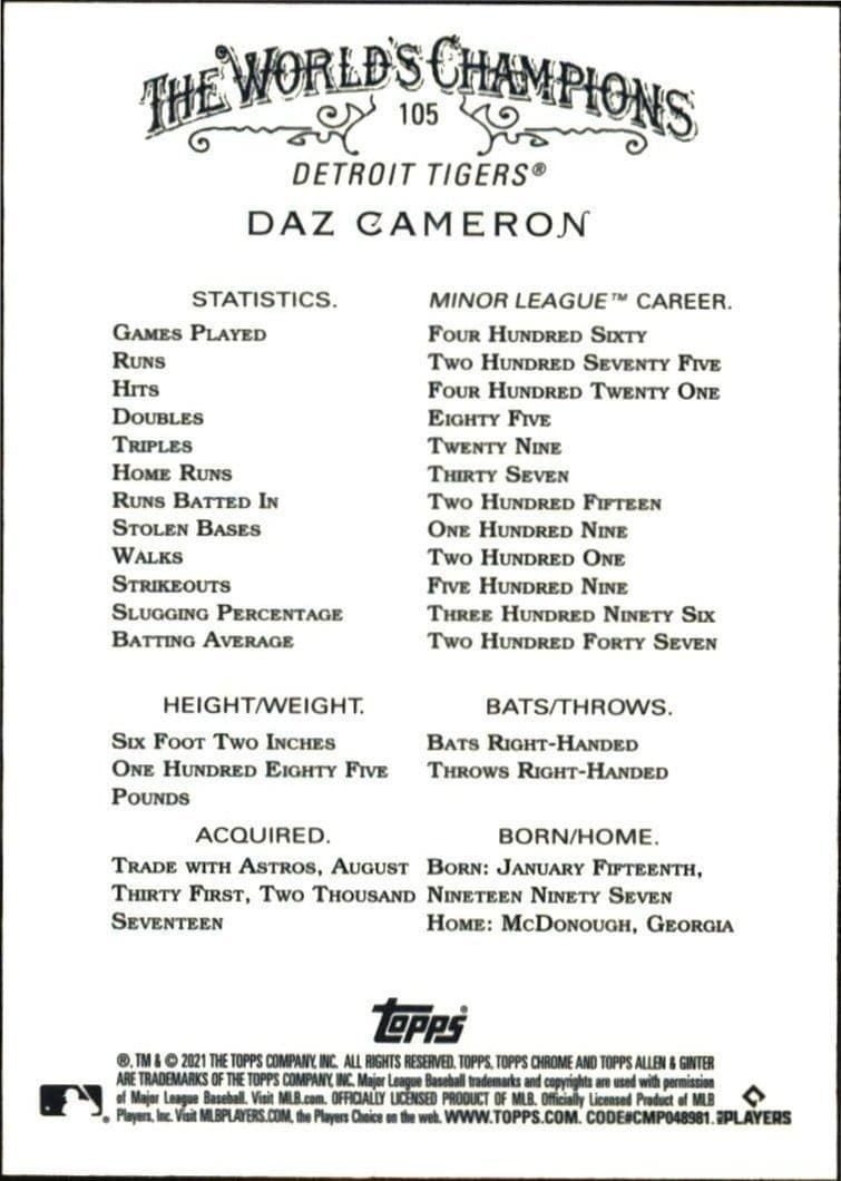 2021 Topps Allen & Ginter Chrome Daz Cameron #105 baseball trading card back