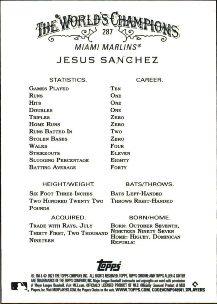 2021 Topps Allen & Ginter Chrome Jesus Sanchez #287 baseball trading card back