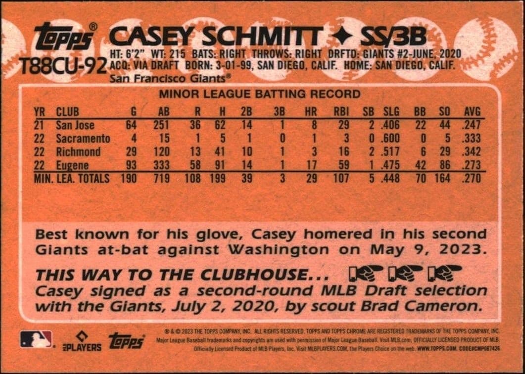 2023 Topps Chrome Update Casey Schmitt #T88CU-92 baseball trading card back