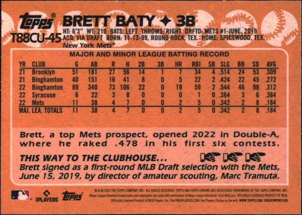 2023 Topps Chrome Update Brett Baty #T88CU-45 baseball trading card back