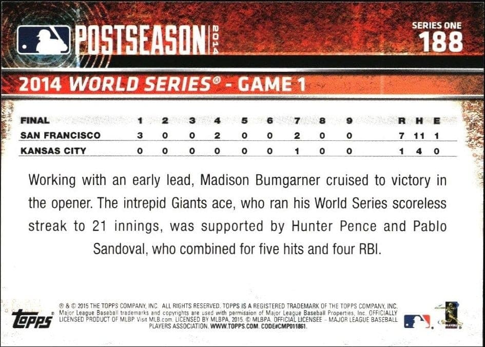 2015 Topps Madison Bumgarner #188 baseball trading card back