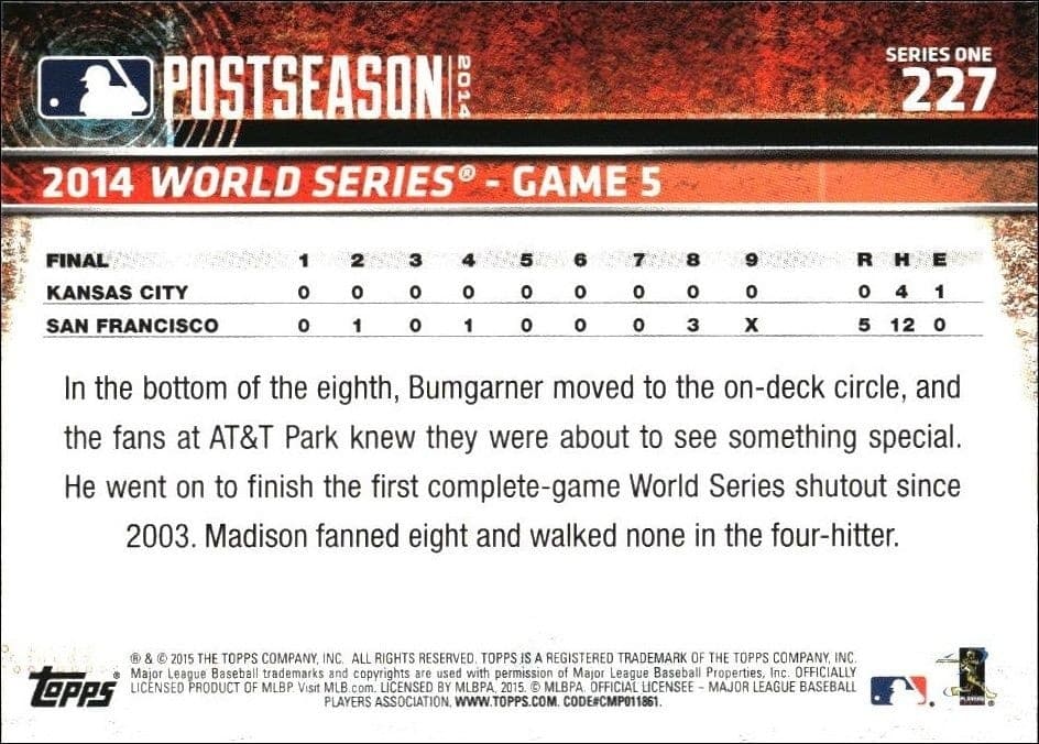 2015 Topps Madison Bumgarner #227 baseball trading card back