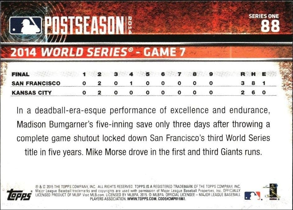 2015 Topps Madison Bumgarner #88 baseball trading card back