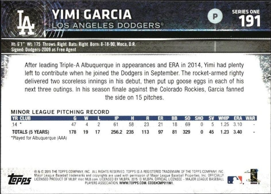 2015 Topps Yimi Garcia #191 baseball trading card back