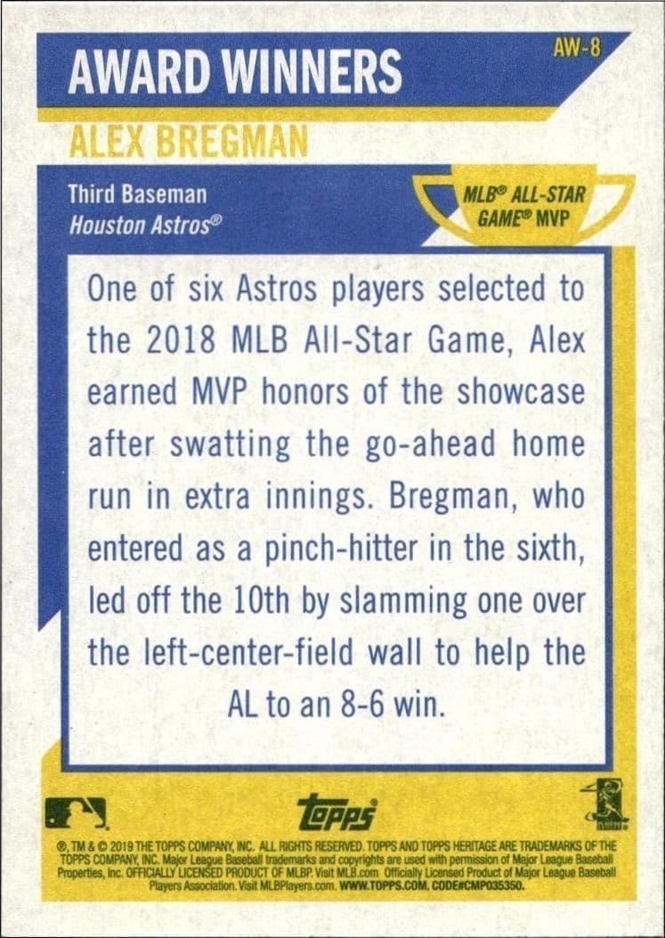 2019 Topps Heritage Alex Bregman #AW-8 baseball trading card back