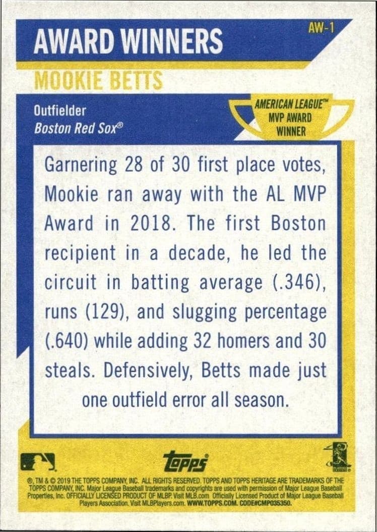 2019 Topps Heritage Mookie Betts #AW-1 baseball trading card back