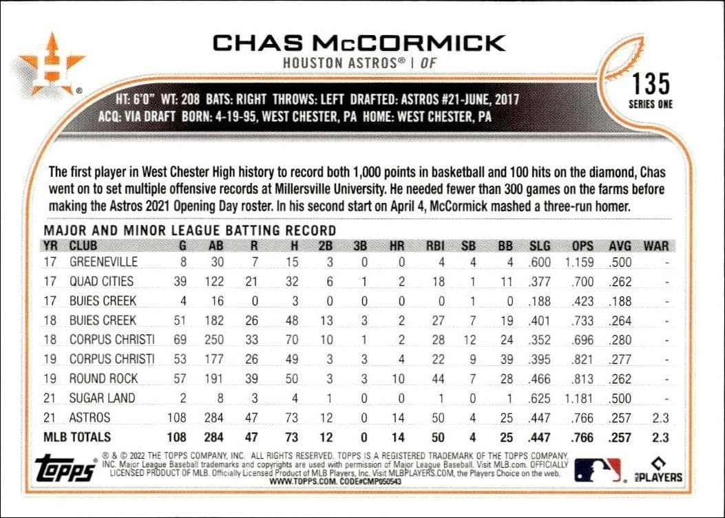 2022 Topps Chas McCormick #135B baseball trading card back