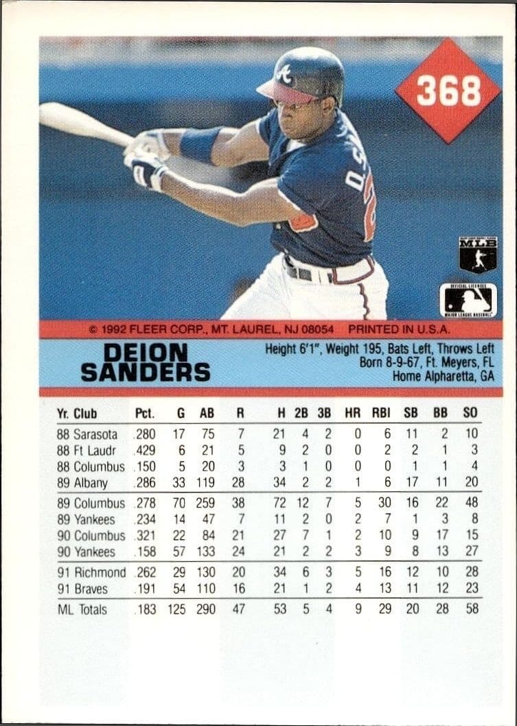 1992 Fleer Deion Sanders #368 baseball trading card back