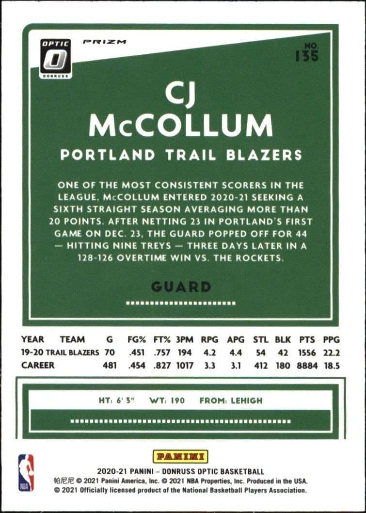 2021-22 Panini Donruss Optic CJ McCollum #135 basketball trading card back