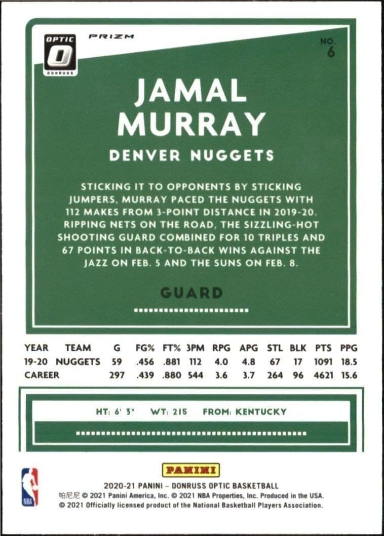 2020-21 Panini Donruss Optic Jamal Murray #6 basketball trading card back