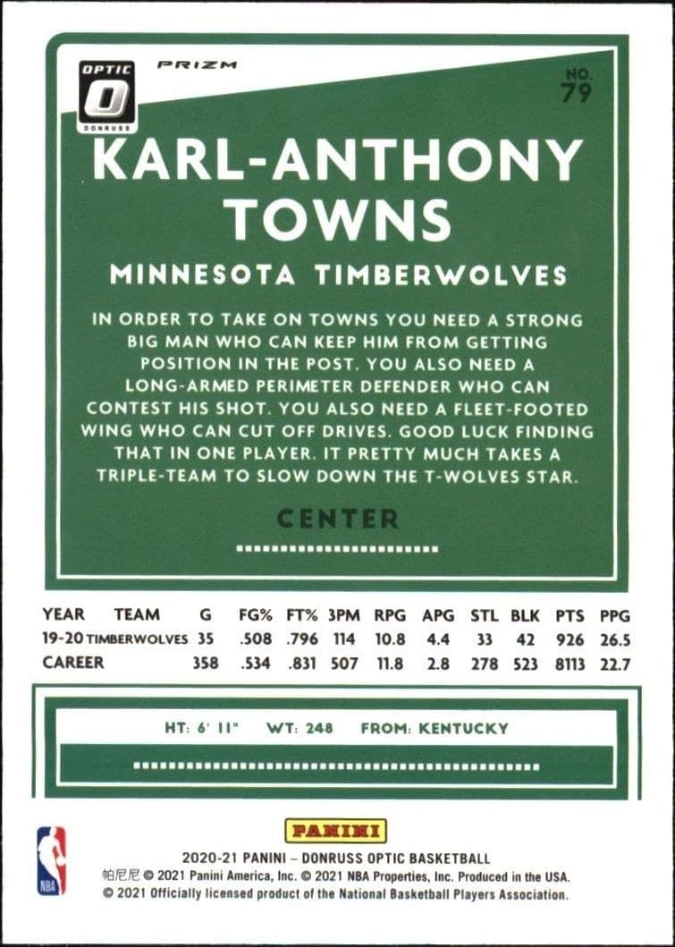 2020-21 Panini Donruss Optic Karl-Anthony Towns #79 basketball trading card back