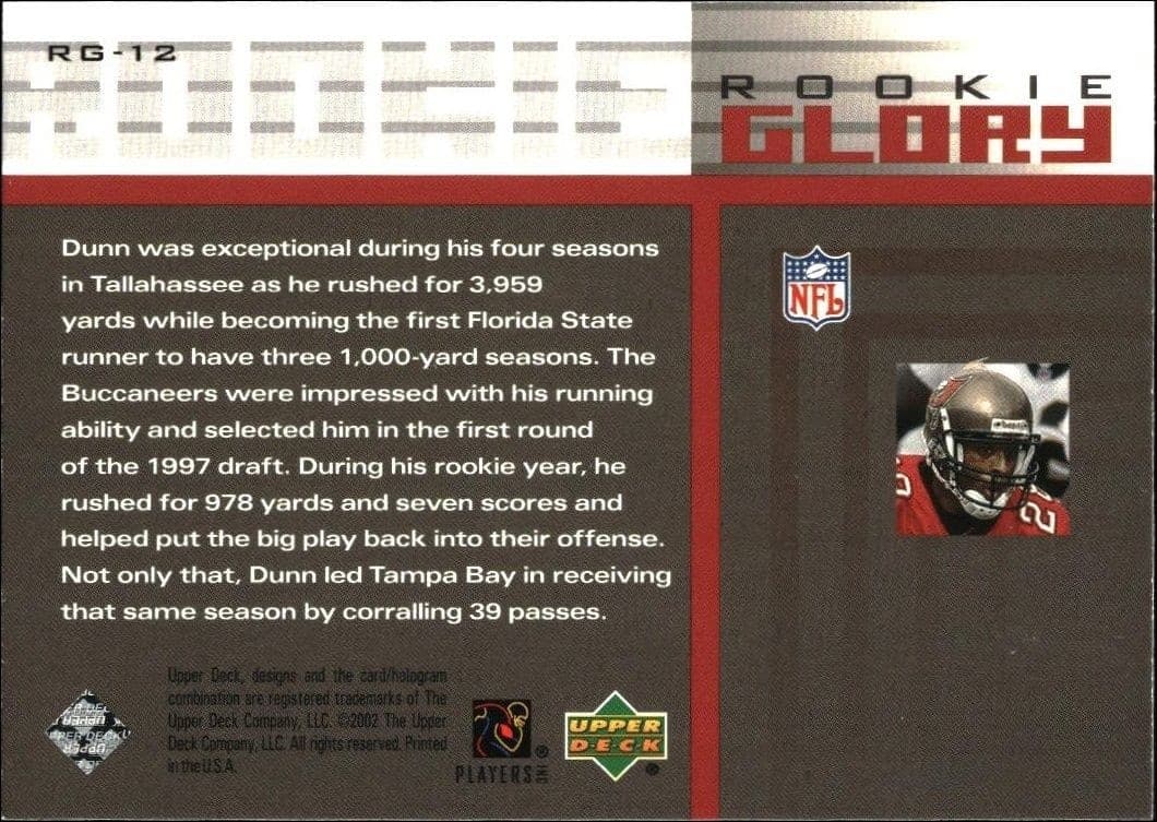 2002 Upper Deck Piece of History Warrick Dunn #RG-12 football trading card back