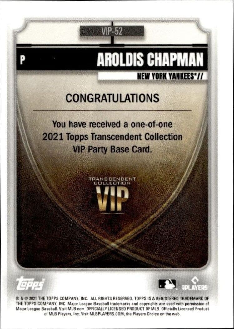 2021 Topps Transcendent Collection Aroldis Chapman #VIP-52 baseball trading card back