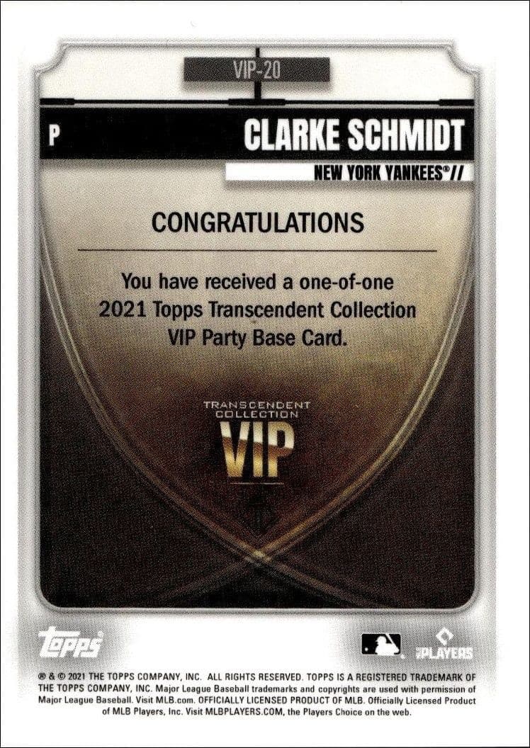 2021 Topps Transcendent Collection Clarke Schmidt #VIP-20 baseball trading card back