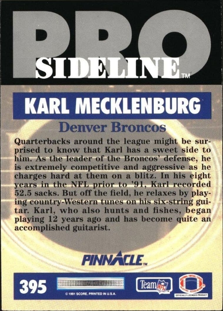 1991 Pinnacle Karl Mecklenburg #395 football trading card back