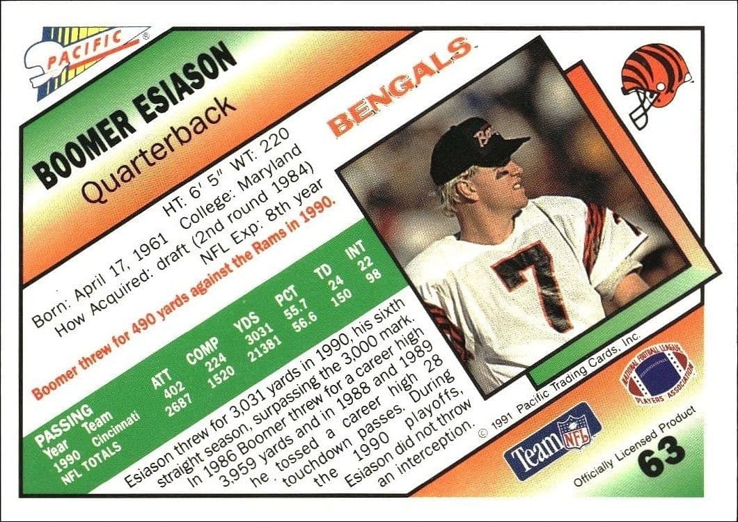1991 Pacific Boomer Esiason #63 football trading card back