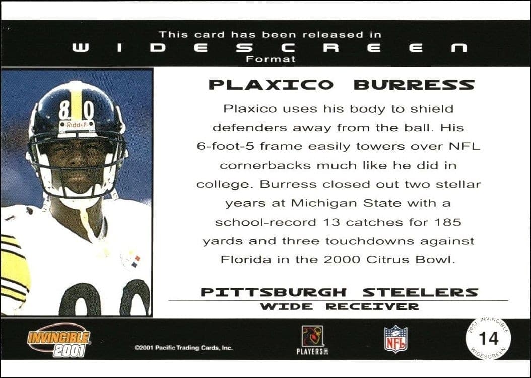 2001 Pacific Invincible Plaxico Burress #14 football trading card back