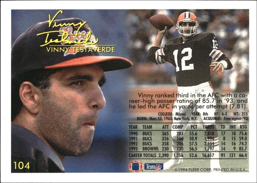 1994 Fleer Vinny Testaverde #104 football trading card back
