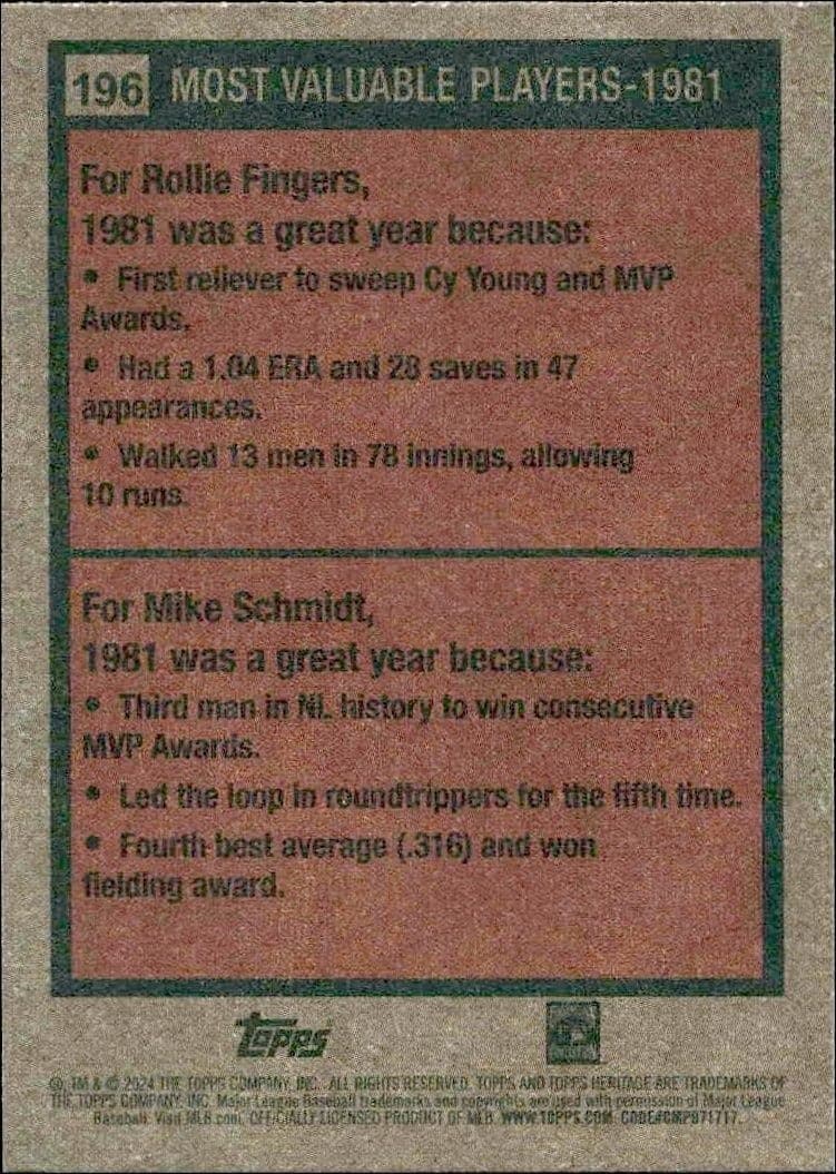 2024 Topps Heritage Rollie Fingers #196 baseball trading card back