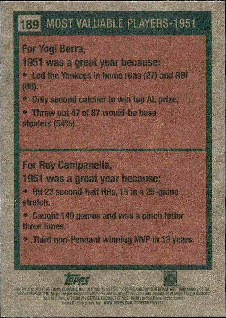 2024 Topps Heritage Yogi Berra #189 baseball trading card back