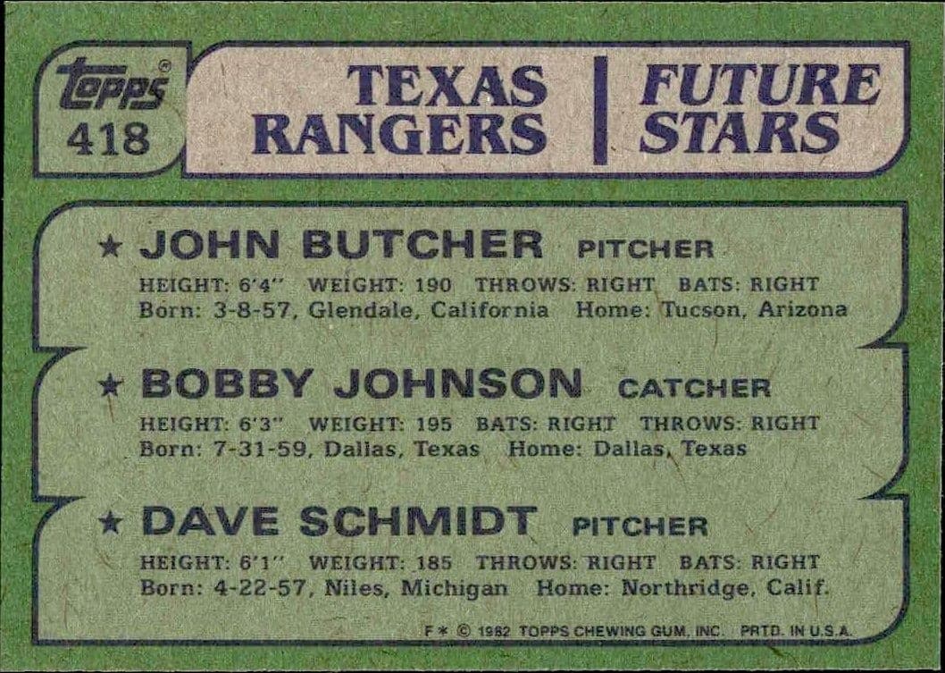 1982 Topps John Butcher #418 baseball trading card back