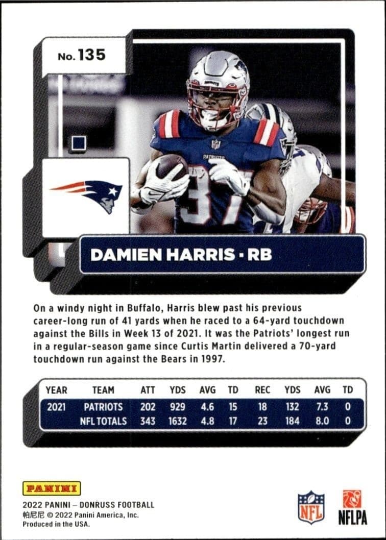 2022 Panini Donruss Damien Harris #135 football trading card back
