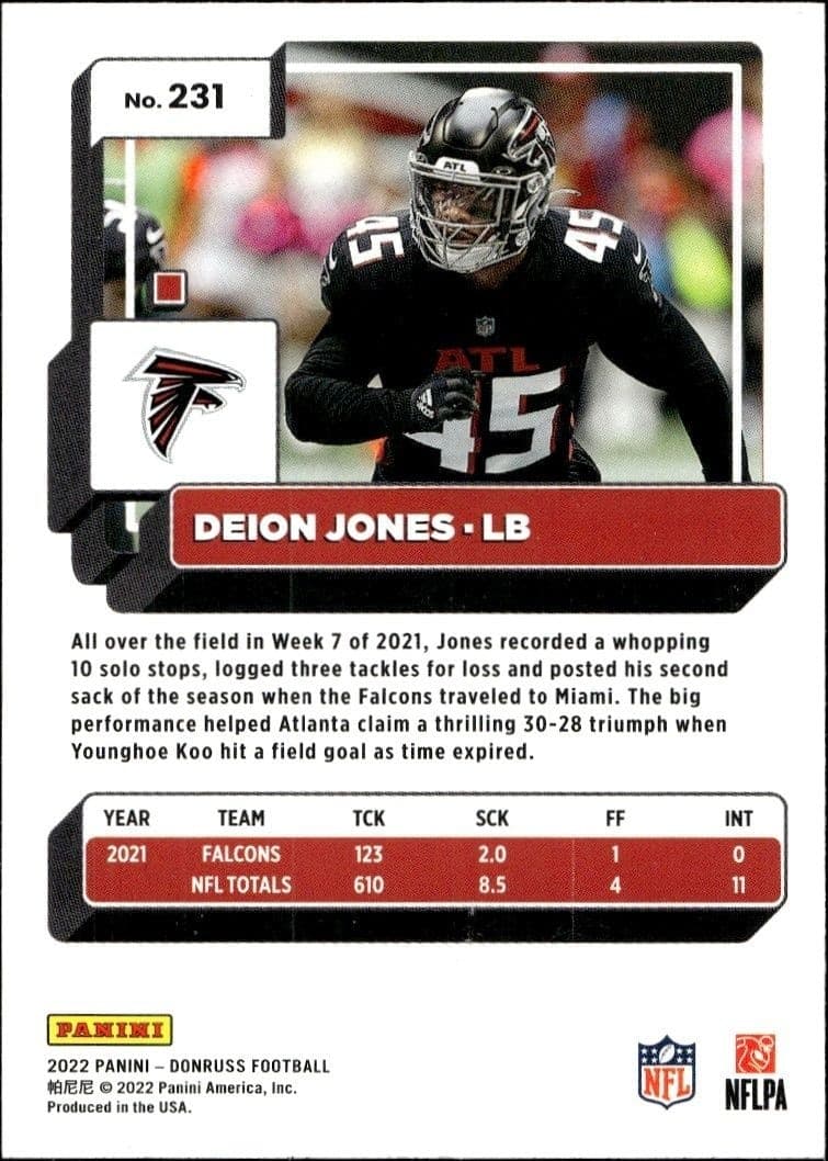 2022 Panini Donruss Deion Jones #231 football trading card back