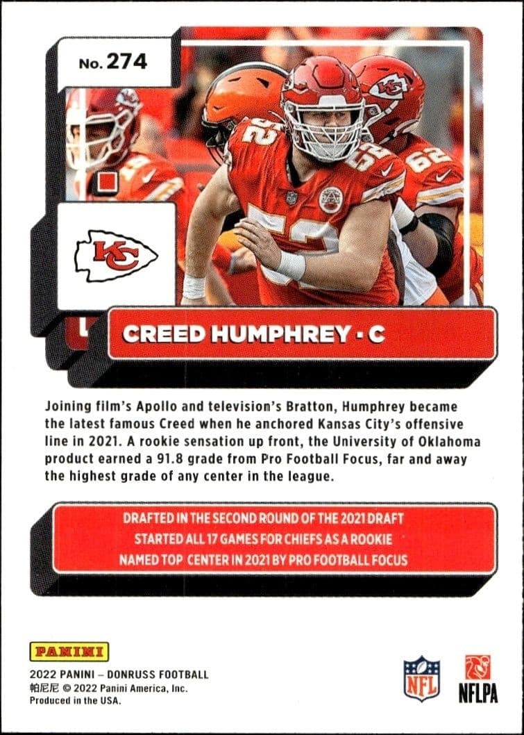 2022 Panini Donruss Creed Humphrey #274 football trading card back