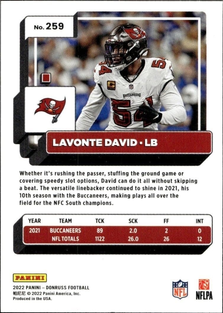 2022 Panini Donruss Lavonte David #259 football trading card back