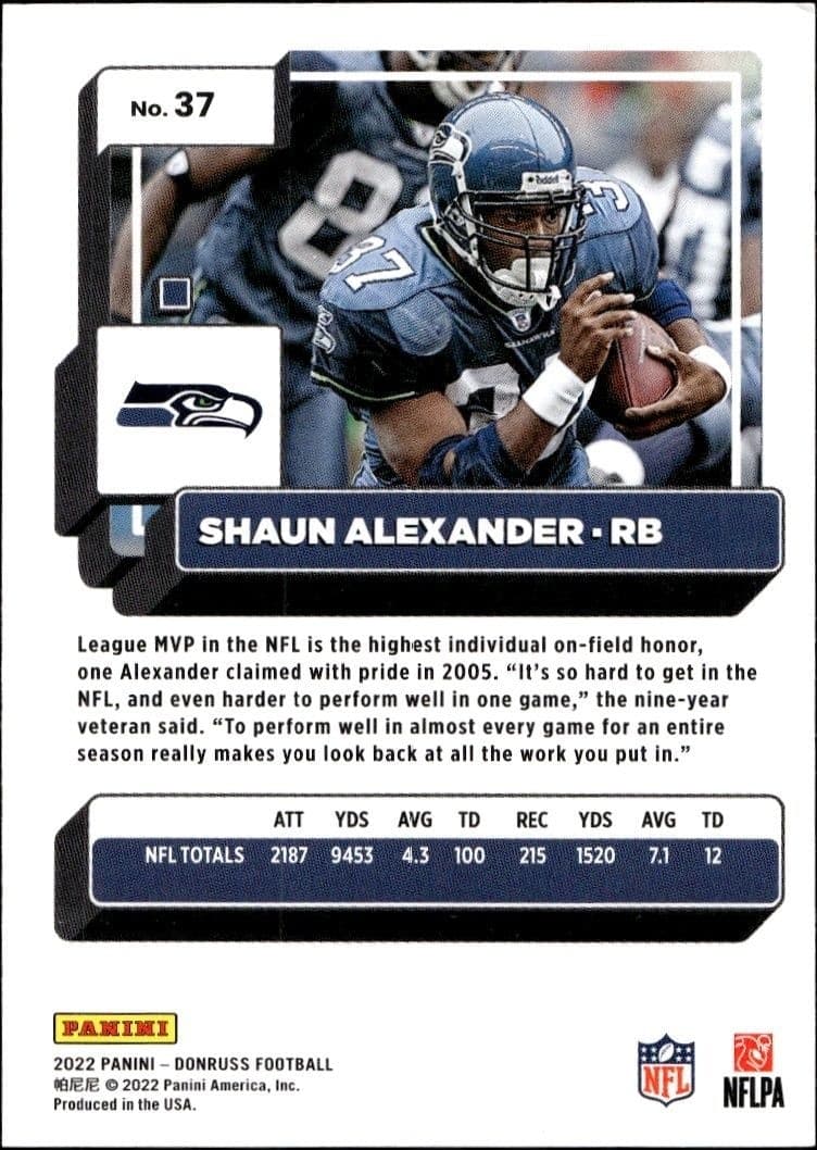 2022 Panini Donruss Shaun Alexander #37 football trading card back