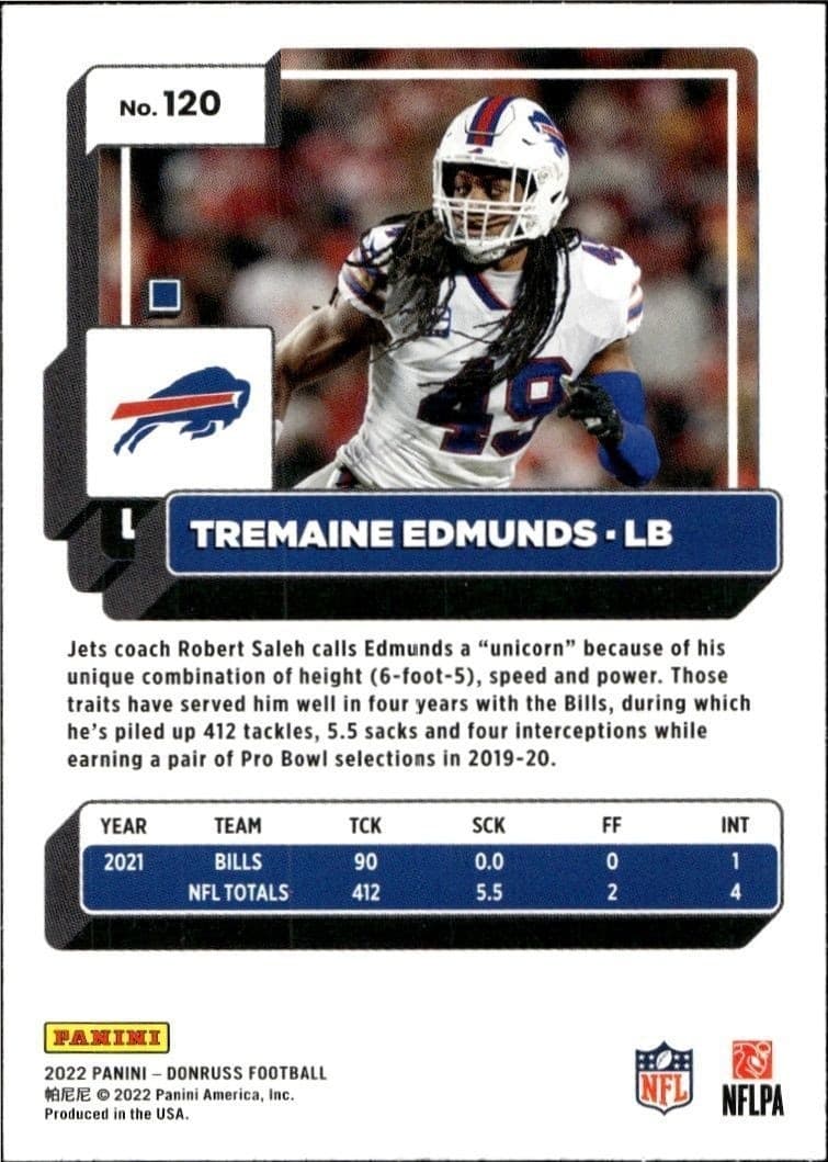 2022 Panini Donruss Tremaine Edmunds #120 football trading card back