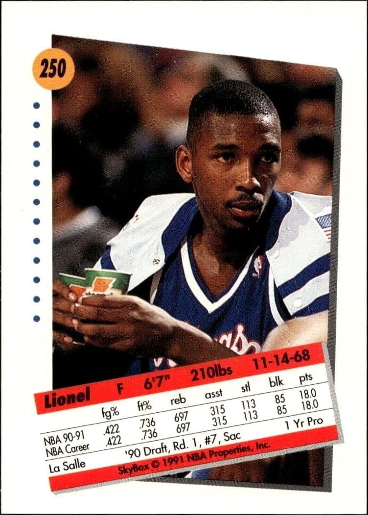 1991-92 Skybox Lionel Simmons #250 basketball trading card back