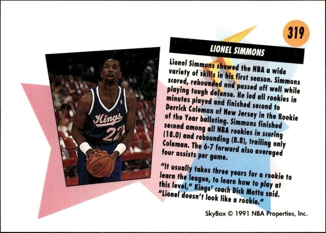 1991-92 Skybox Lionel Simmons #319 basketball trading card back