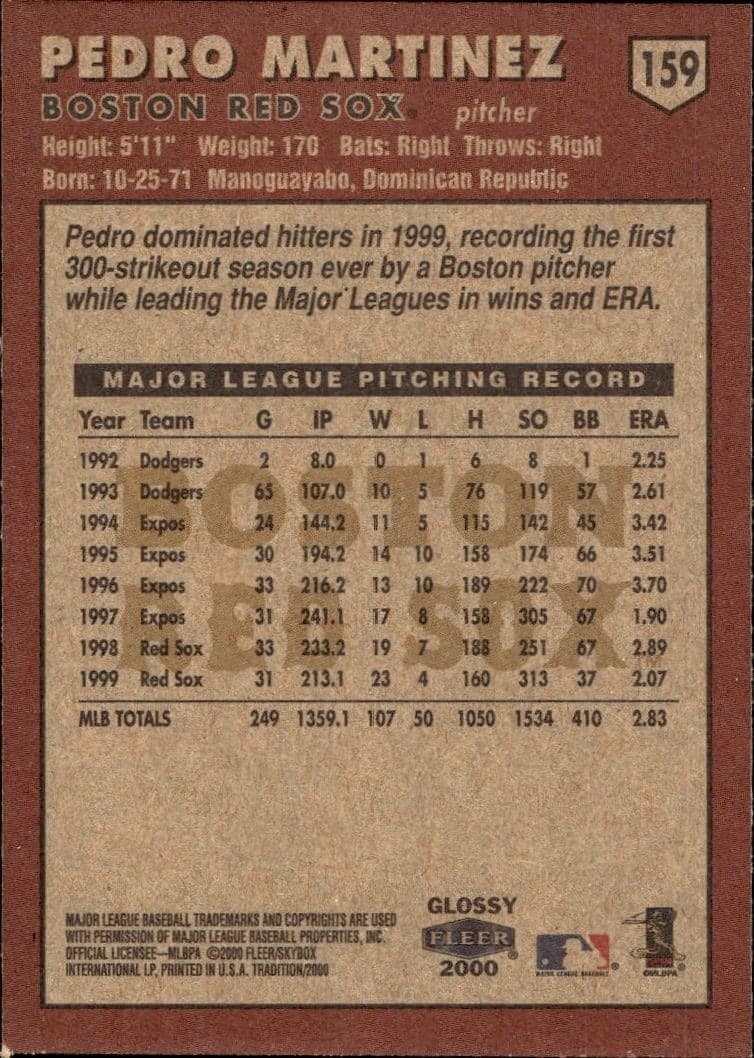 2000 Fleer Tradition Glossy Pedro Martinez #159 baseball trading card back