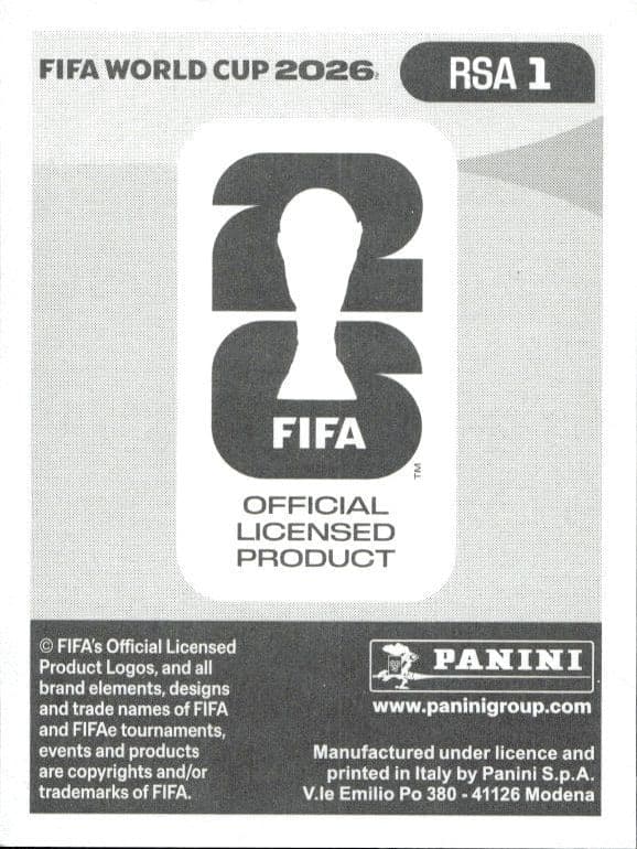 2026 Panini FIFA World Cup South Africa #RSA 1 soccer trading card back