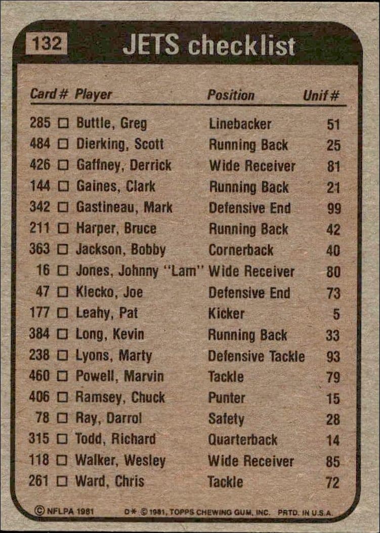 Jets Checklist - Back