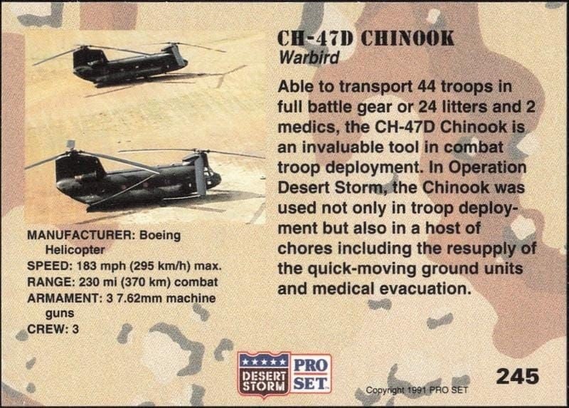 1991 Pro Set Desert Storm CH-47D Chinnok #245 military trading card back