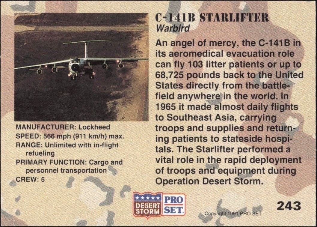 1991 Pro Set Desert Storm C-141B Starlifter #243 military trading card back