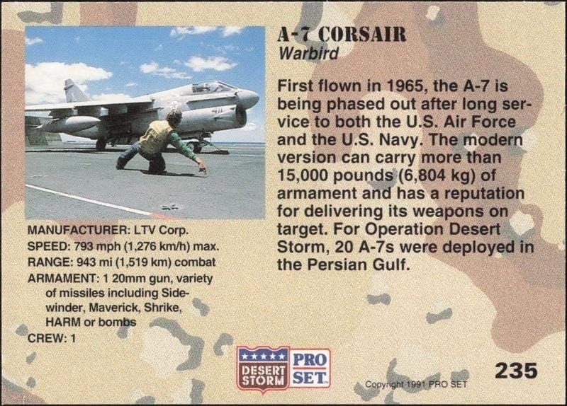 1991 Pro Set Desert Storm A-7 Corsair #235 military trading card back