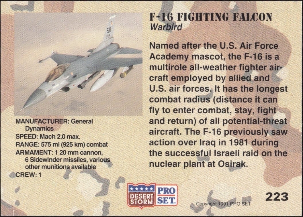 1991 Pro Set Desert Storm F-16 Fighting Falcon #223 military trading card back