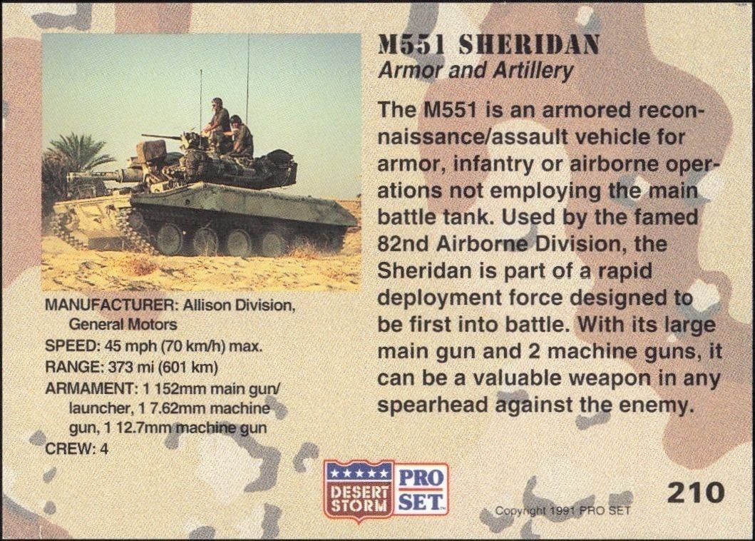 1991 Pro Set Desert Storm M551 Sheridan #210 military trading card back