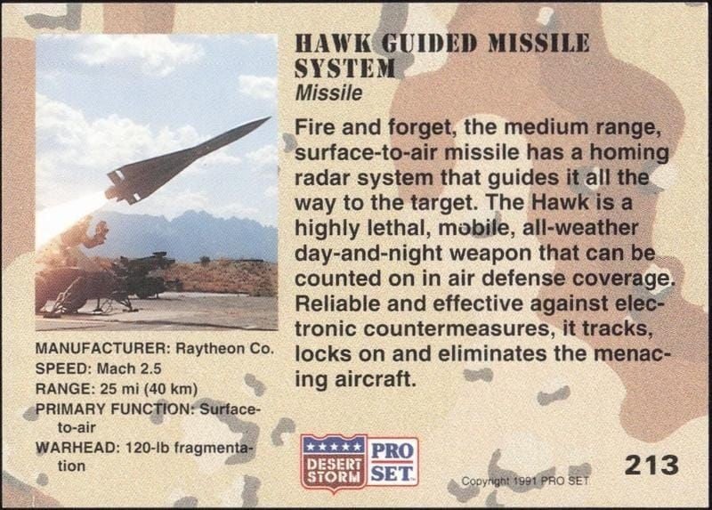 1991 Pro Set Desert Storm Hawk Guided Missile System #213 military trading card back