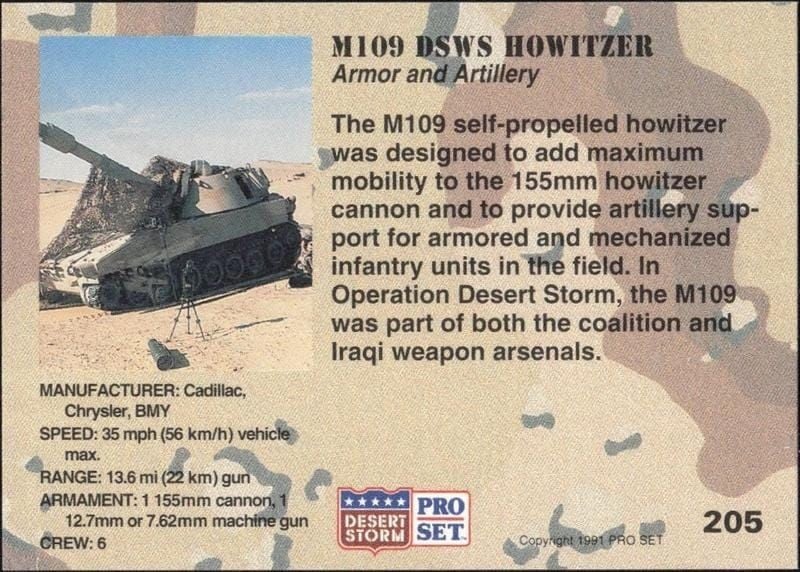 1991 Pro Set Desert Storm M109 DSWS Howitzer #205 military trading card back