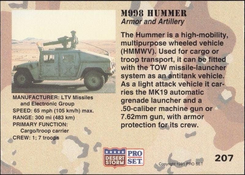 1991 Pro Set Desert Storm M998 Hummer #207 military trading card back