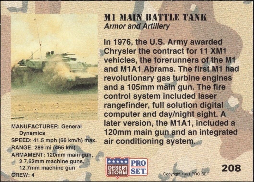 1991 Pro Set Desert Storm MI Main Battle Tank #208 military trading card back