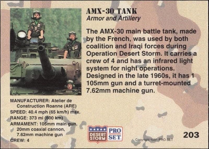 1991 Pro Set Desert Storm AMX-30 Tank #203 military trading card back