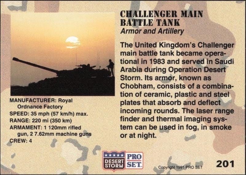 1991 Pro Set Desert Storm Challenger Main Battle Tank #201 military trading card back