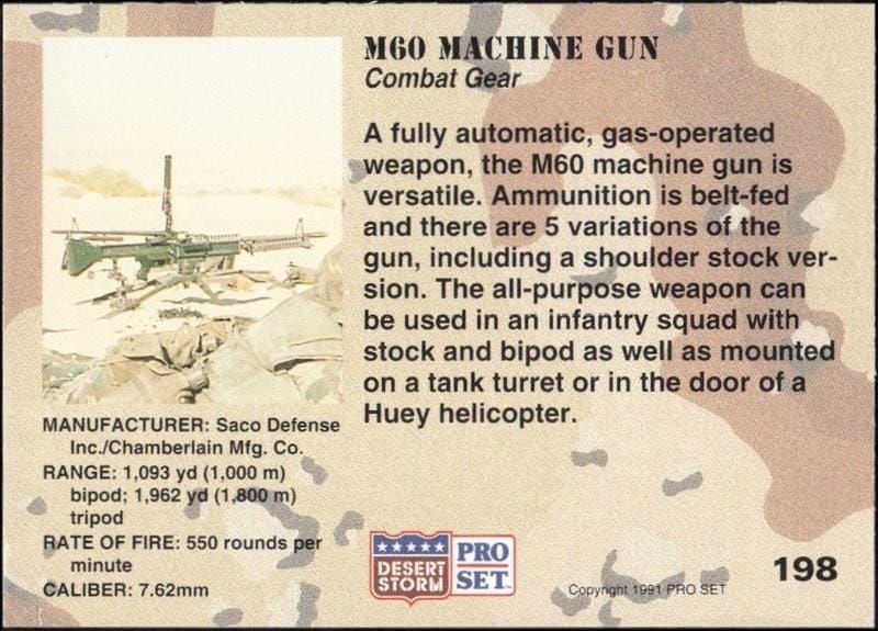 1991 Pro Set Desert Storm M60 Machine Gun #198 military trading card back