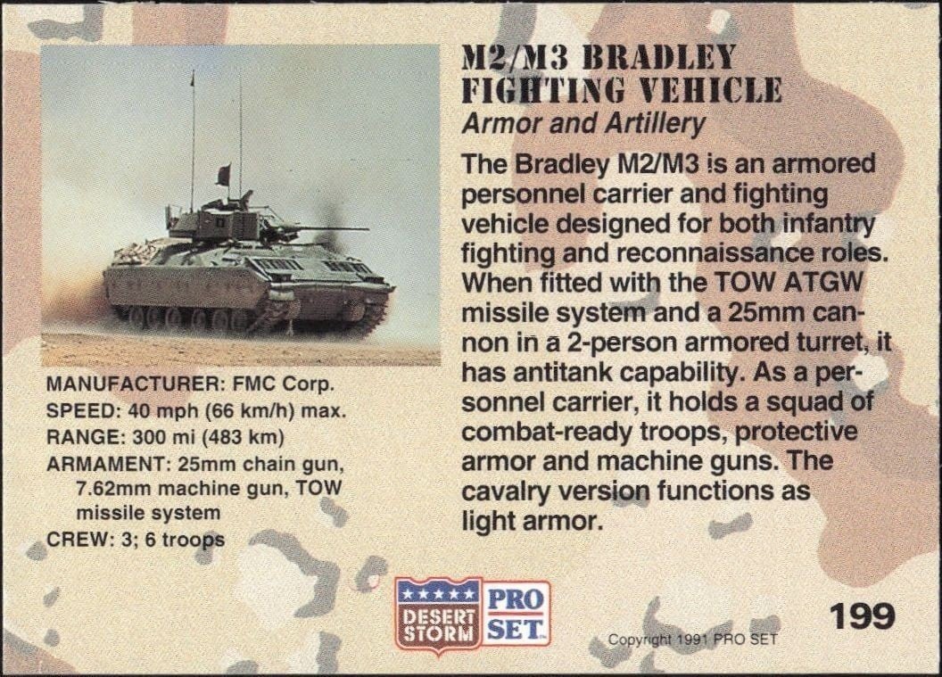 1991 Pro Set Desert Storm M2/M3 Bradley Fighting Vehicle #199 military trading card back