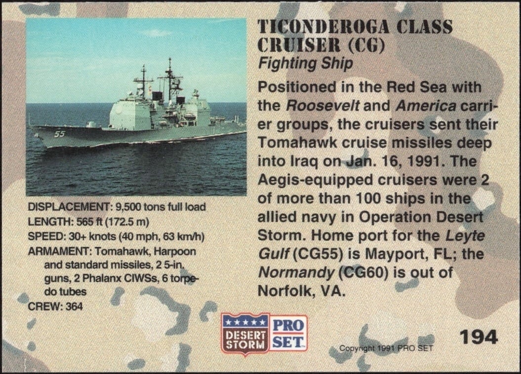 1991 Pro Set Desert Storm Ticonderoga Class Cruiser (CG) #194 military trading card back
